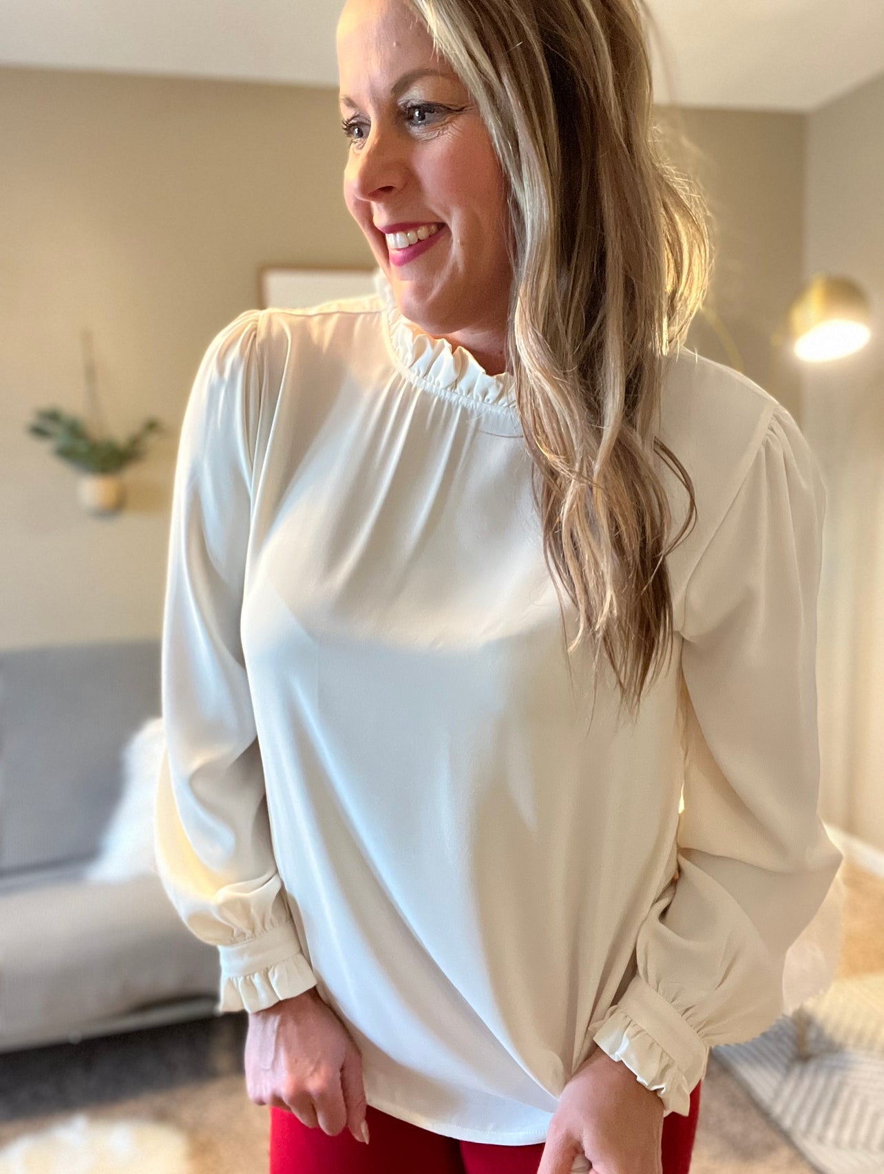 Ruffle neck and puff sleeve blouse - cream