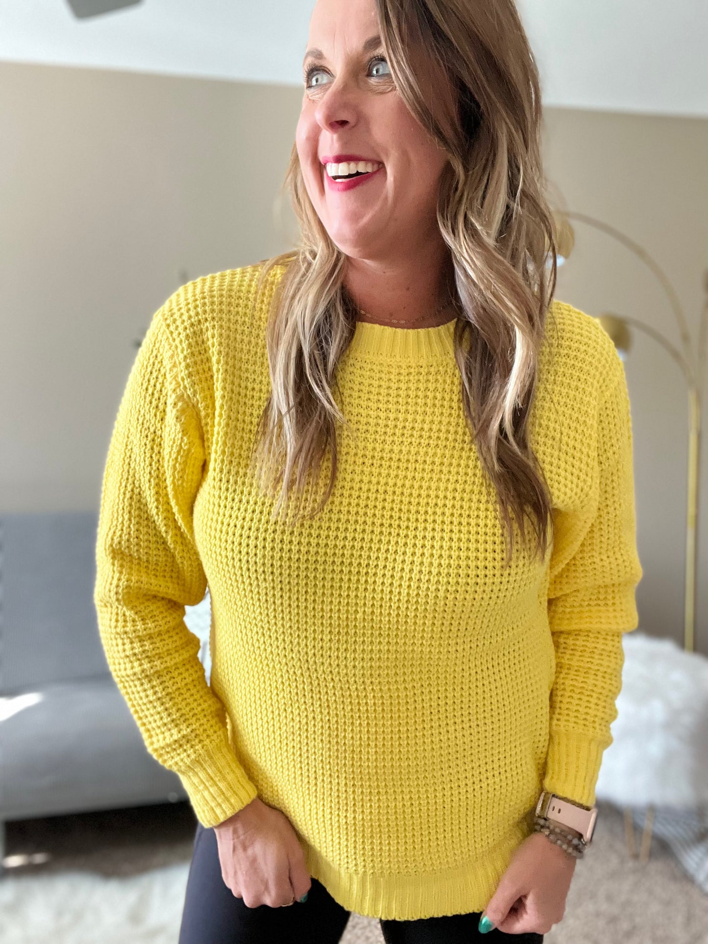 Hi-low waffle sweater- yellow