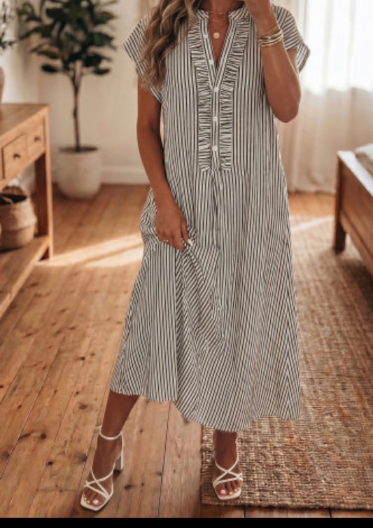 Black stripe short sleeve long dress