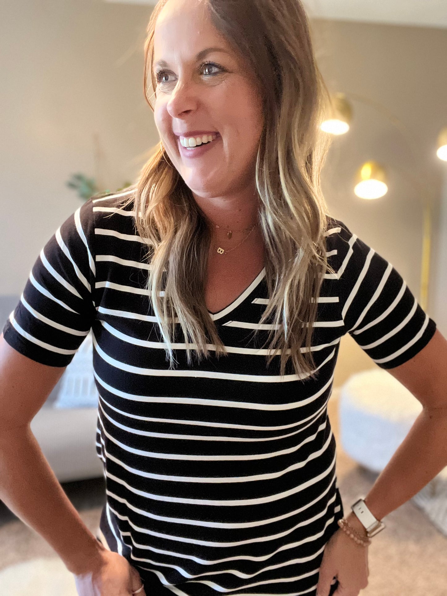 Stripe v neck short sleeve top - lt green or black