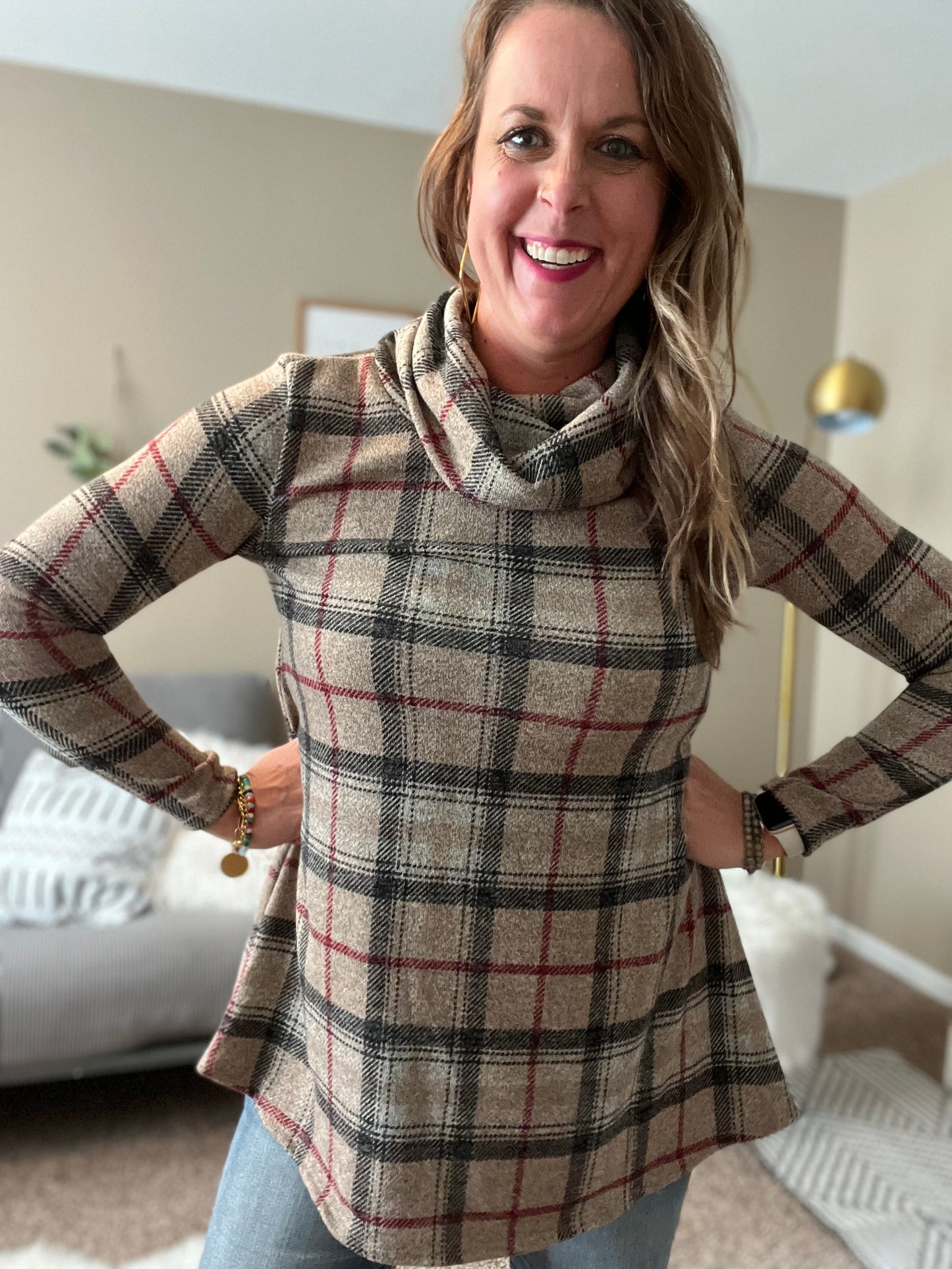 Plaid cowl neck tunic