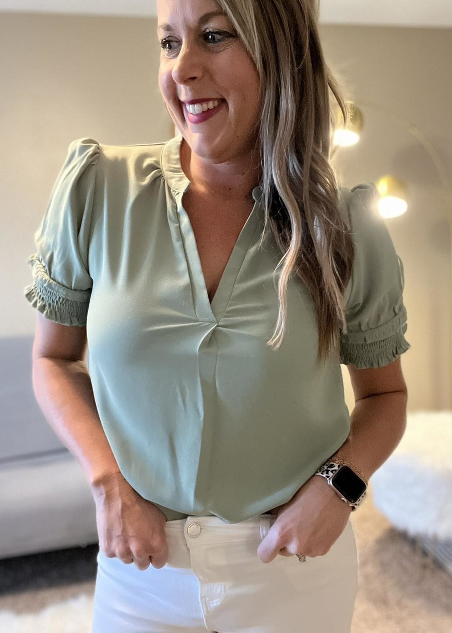 V Neck short sleeve blouse Green