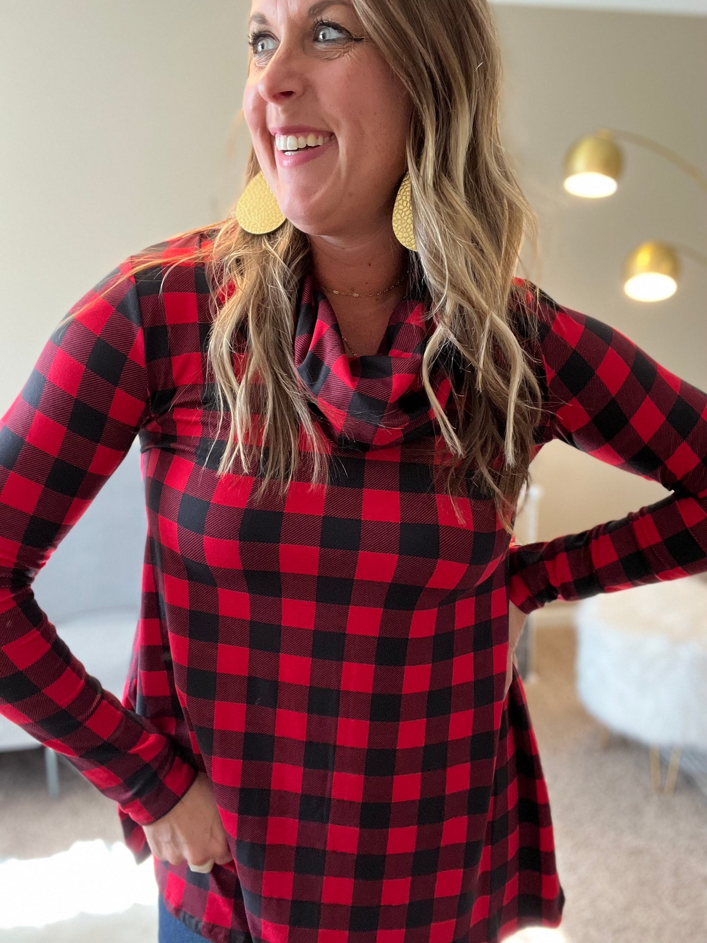Red check cowl neck tunic