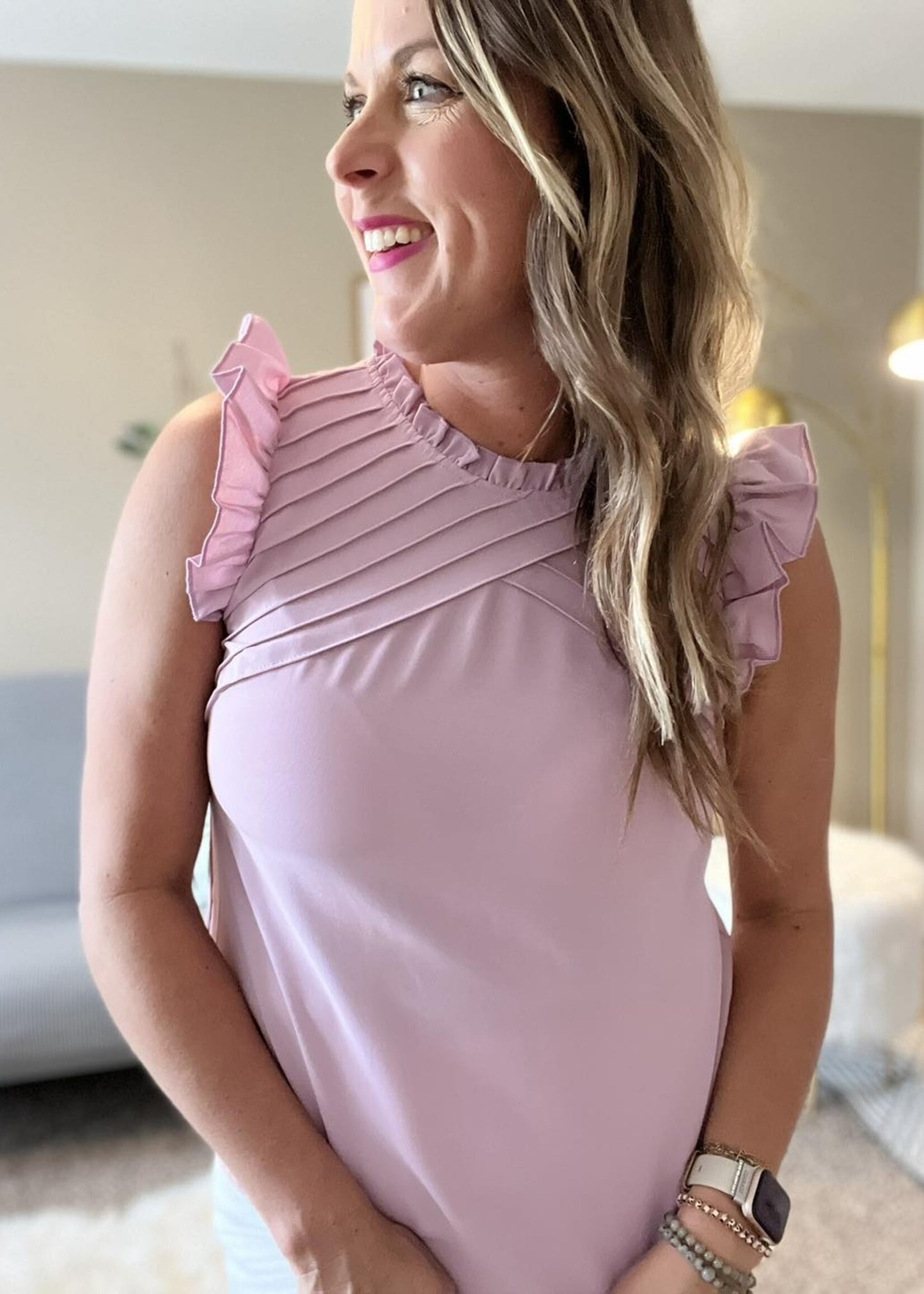 Solid ruched butterfly sleeveless trim ruffle blouse lavender