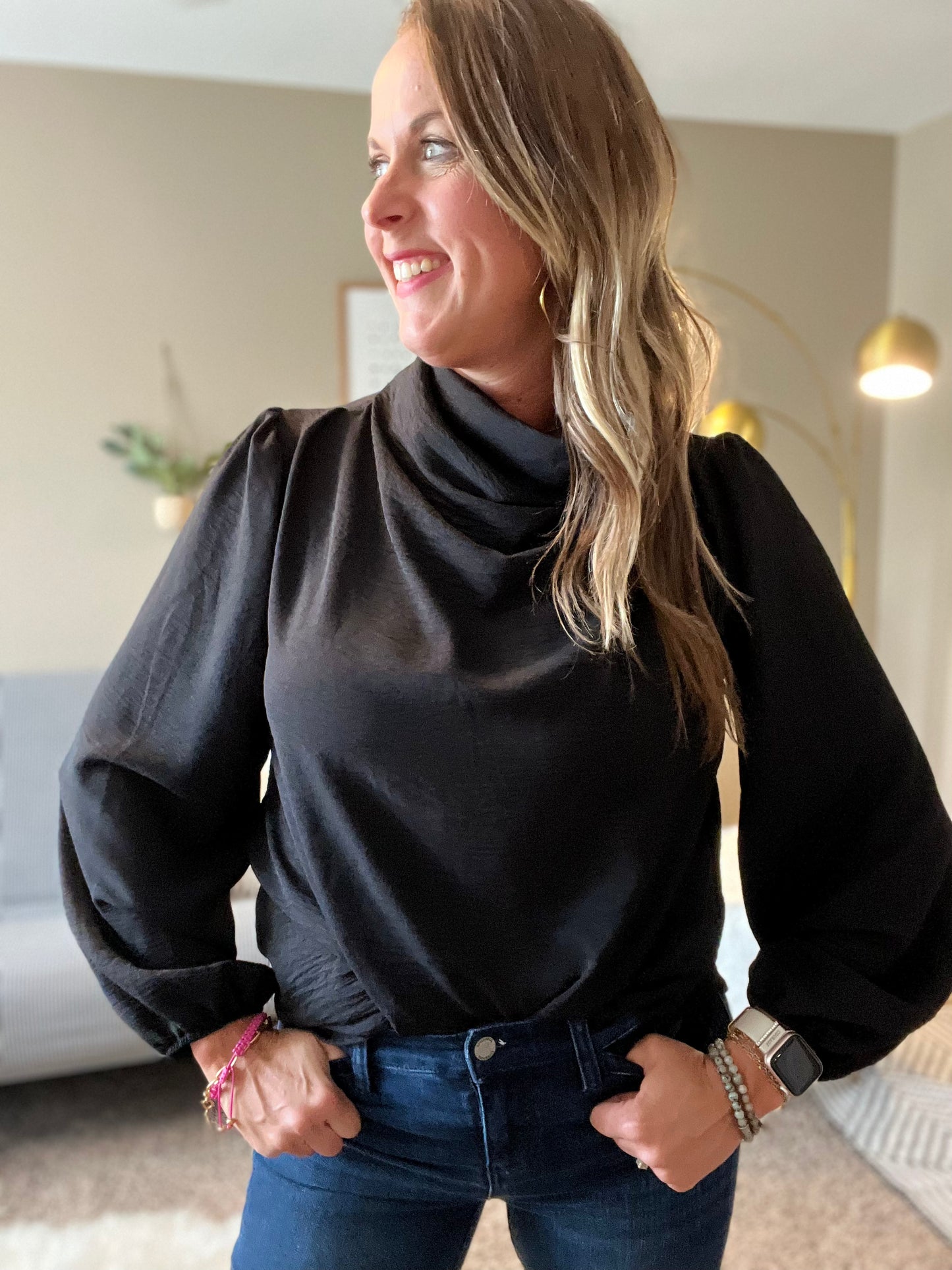 Cowl neck blouse with balloon sleeves - black