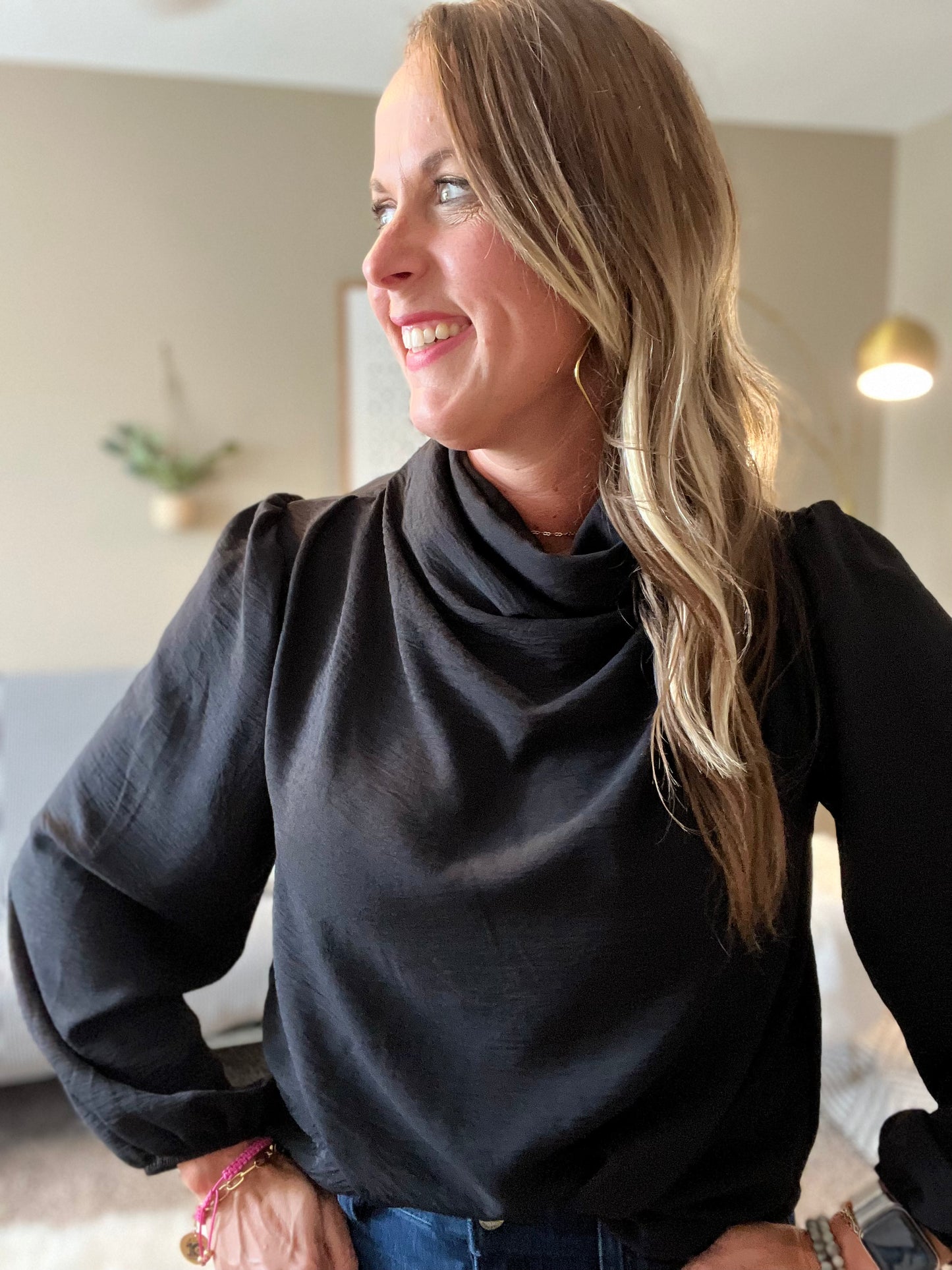 Cowl neck blouse with balloon sleeves - black