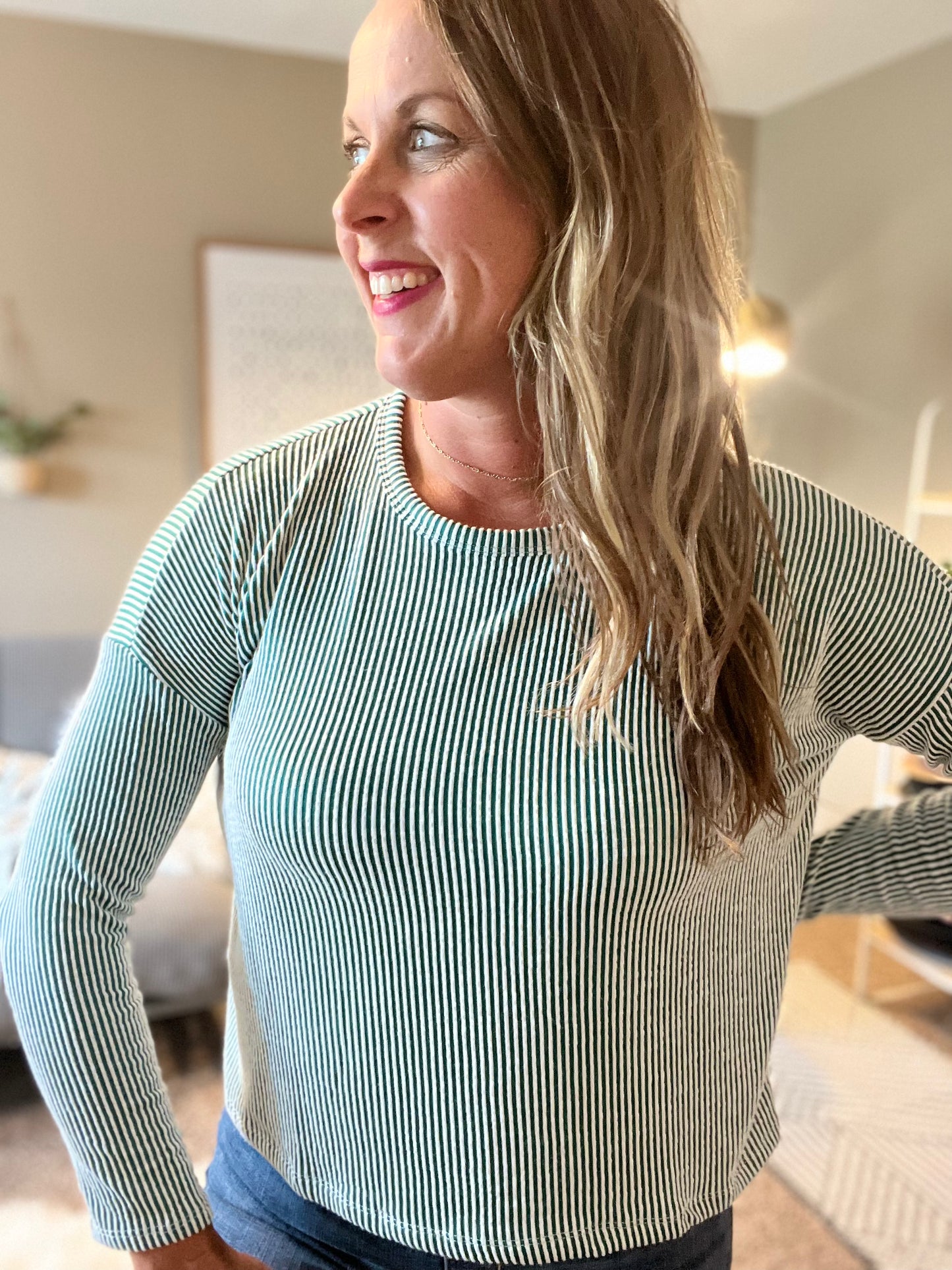 Ribbed, boat neck, drop shoulder, long sleeve top, dark green