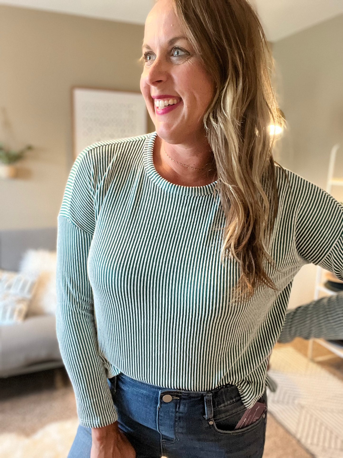 Ribbed, boat neck, drop shoulder, long sleeve top, dark green