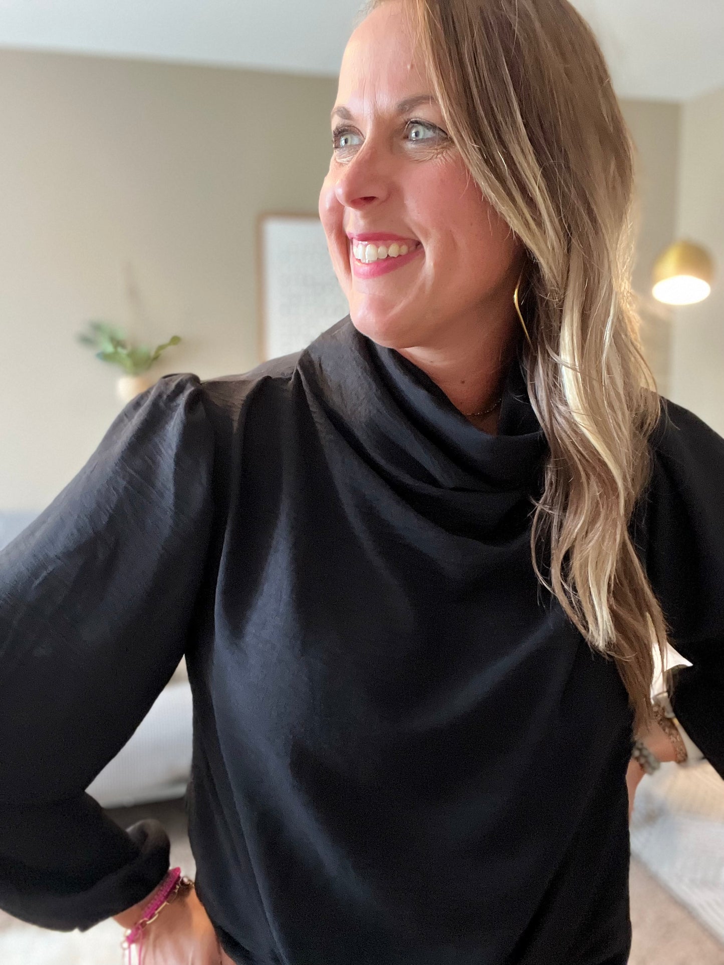 Cowl neck blouse with balloon sleeves - black