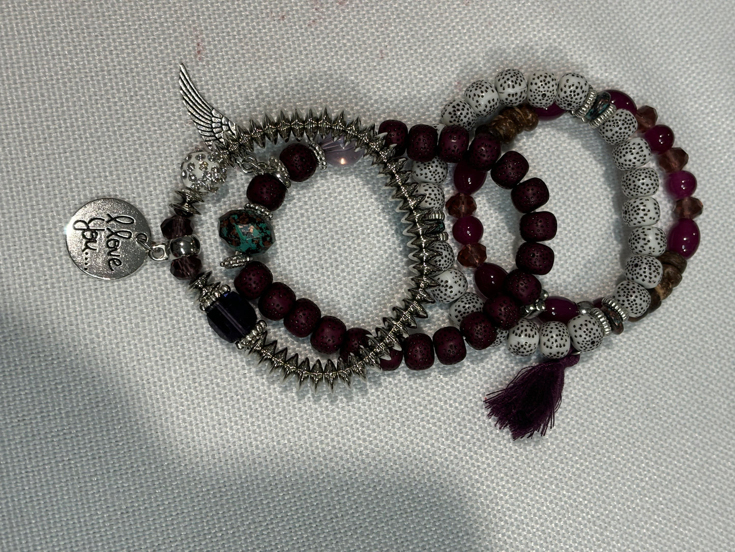 Love, mixed charm and beads layered bracelet set