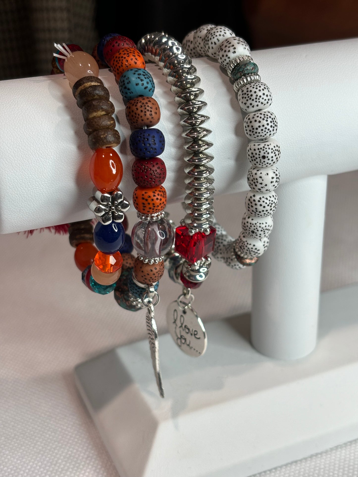 Love, mixed charm and beads layered bracelet set