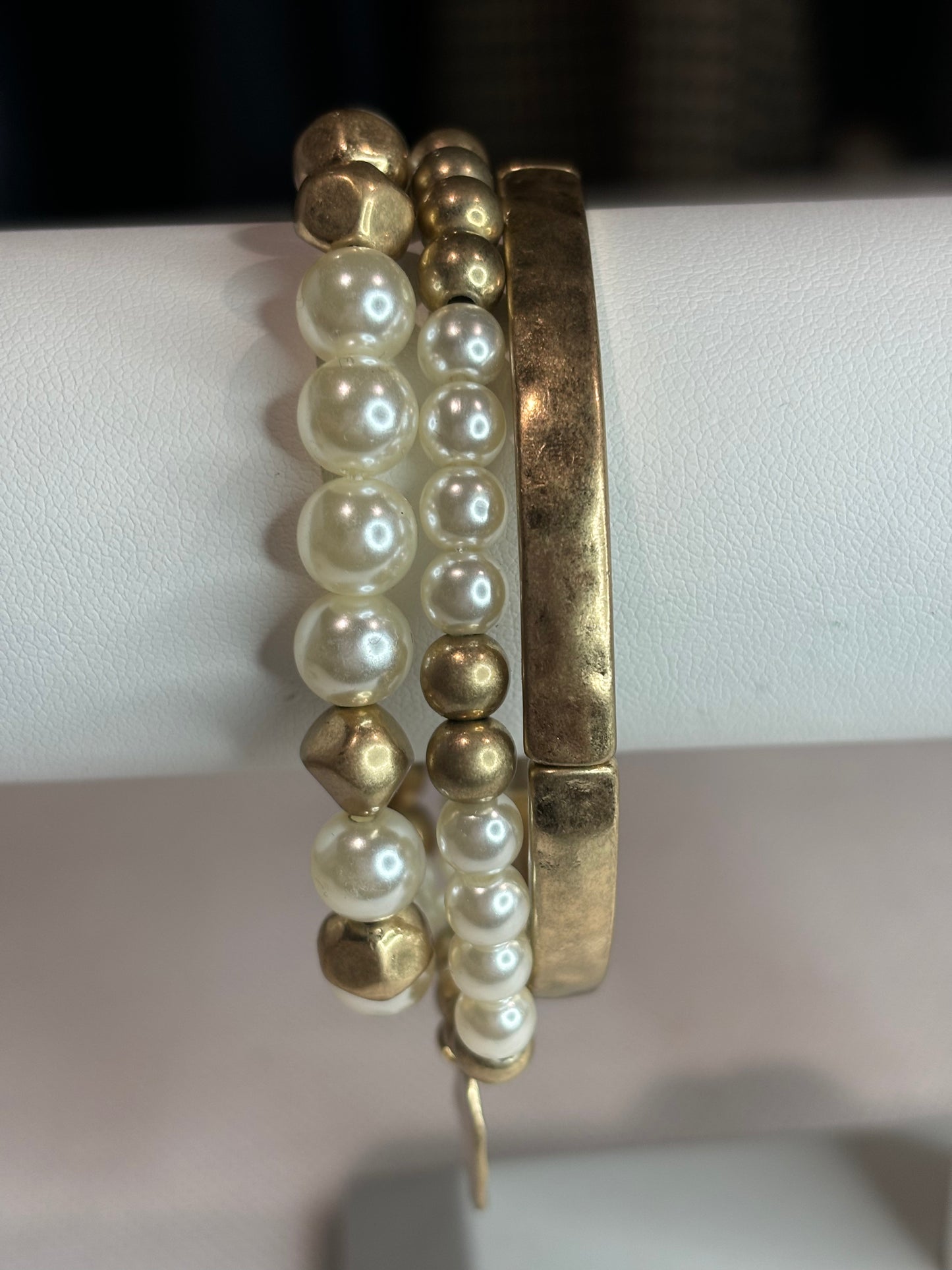 Three strand, gold and pearl stretch, bracelet set