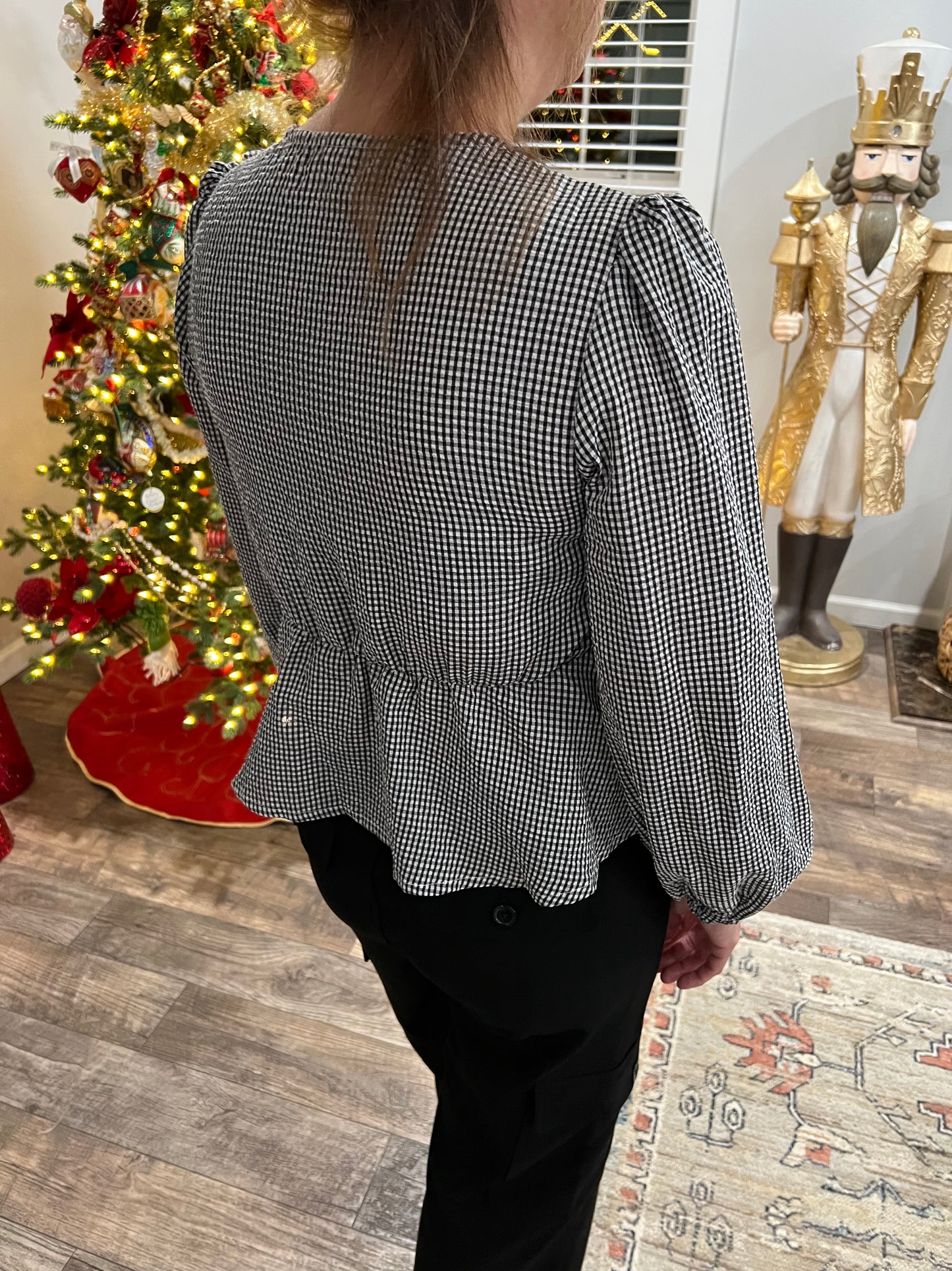 Plaid bowtie, front ruffle top