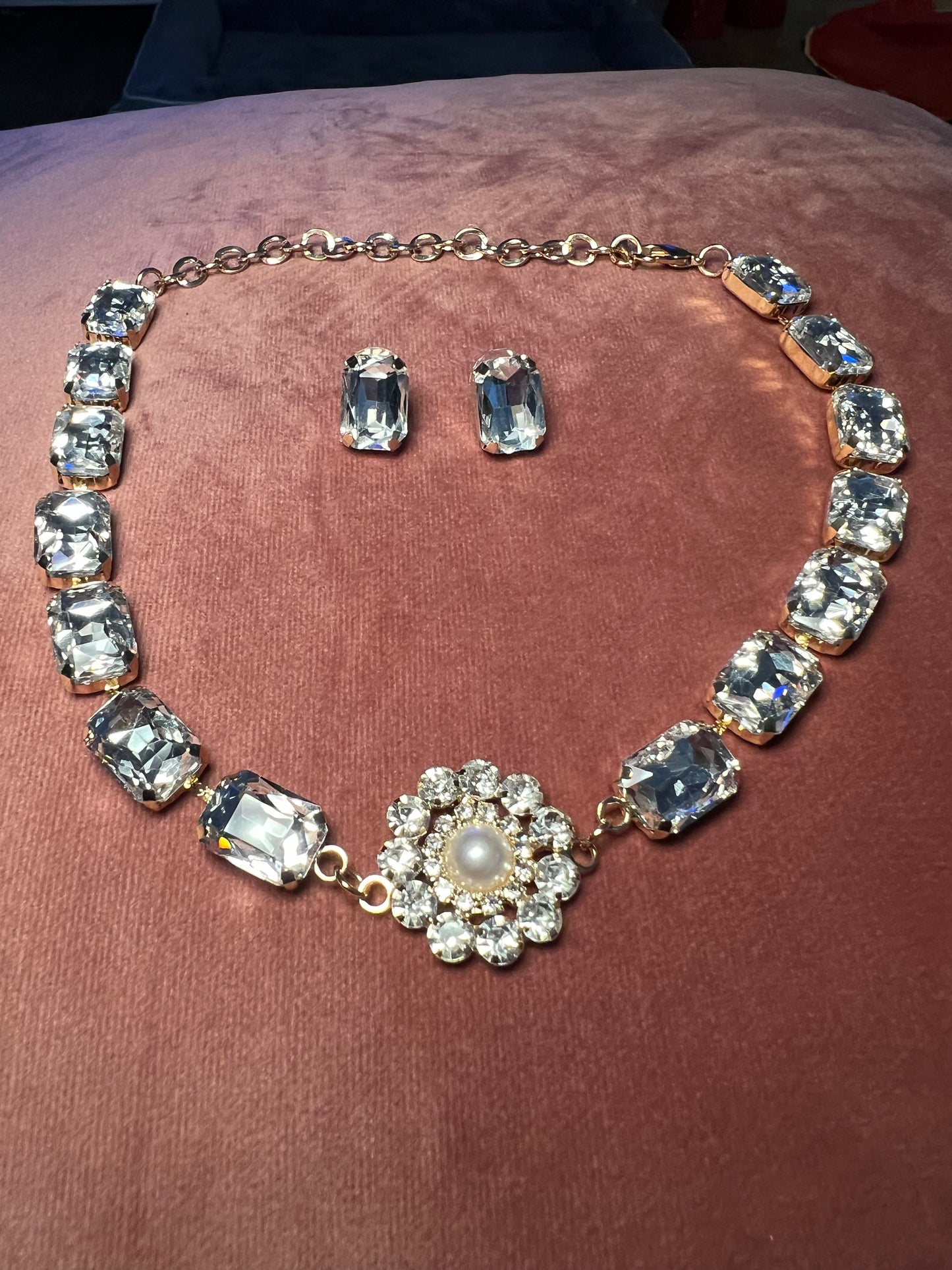 Choker with pearl and rhinestone earring set