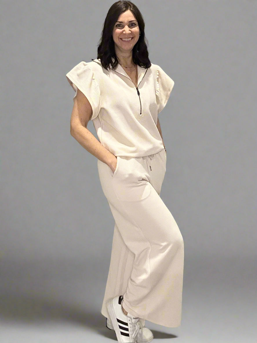 Ruffled sleeve top and wide leg pants set
