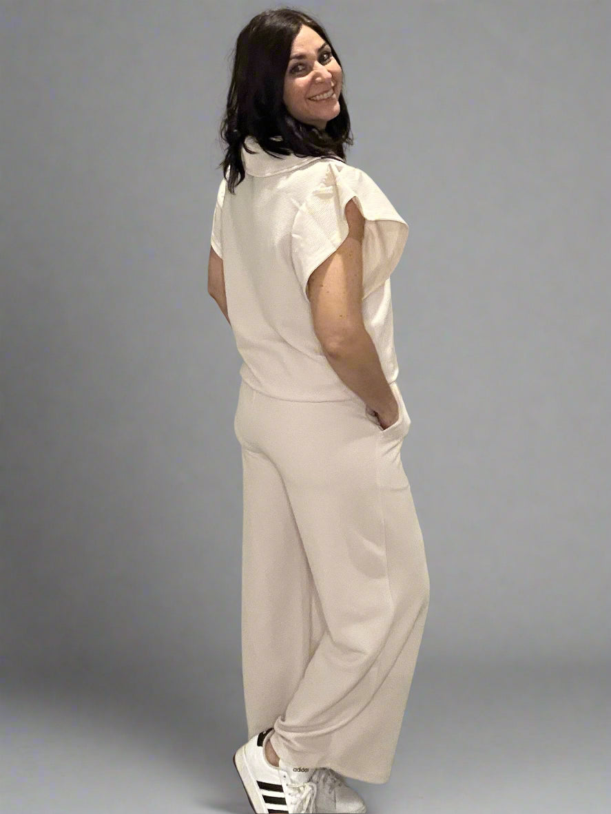 Ruffled sleeve top and wide leg pants set