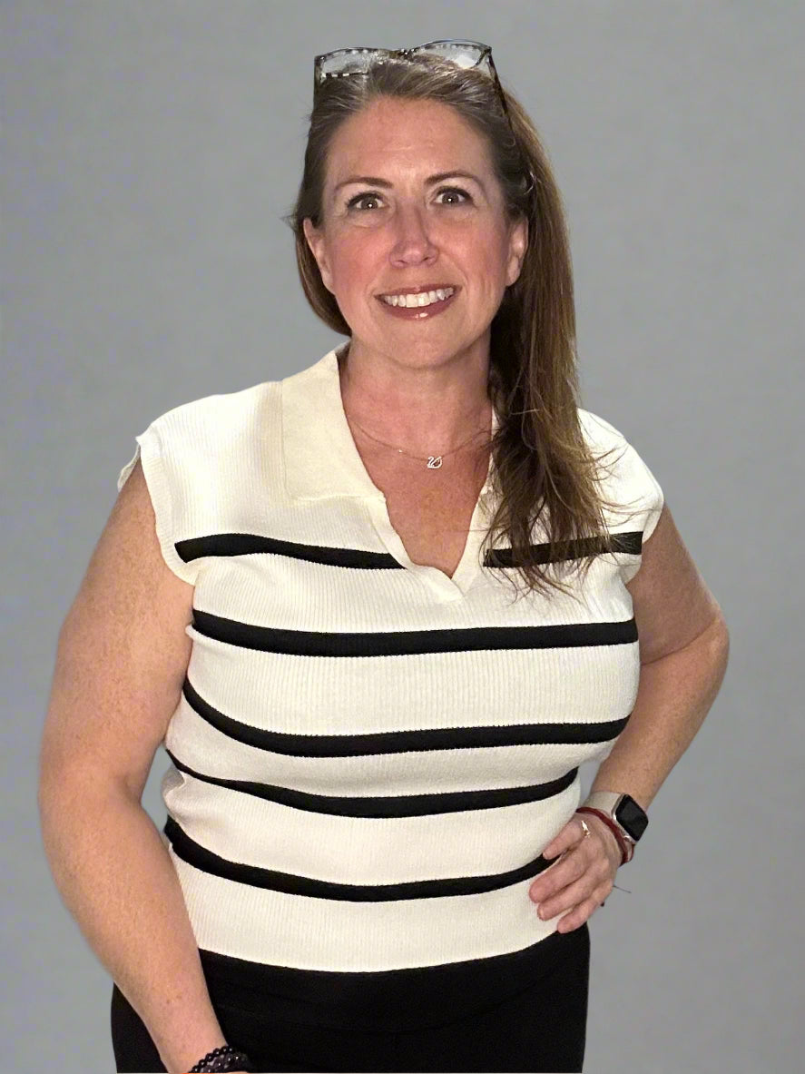 Striped V Neck Collared Knit Top