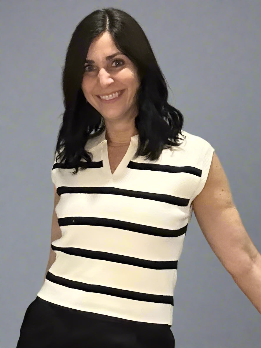 Striped V Neck Collared Knit Top