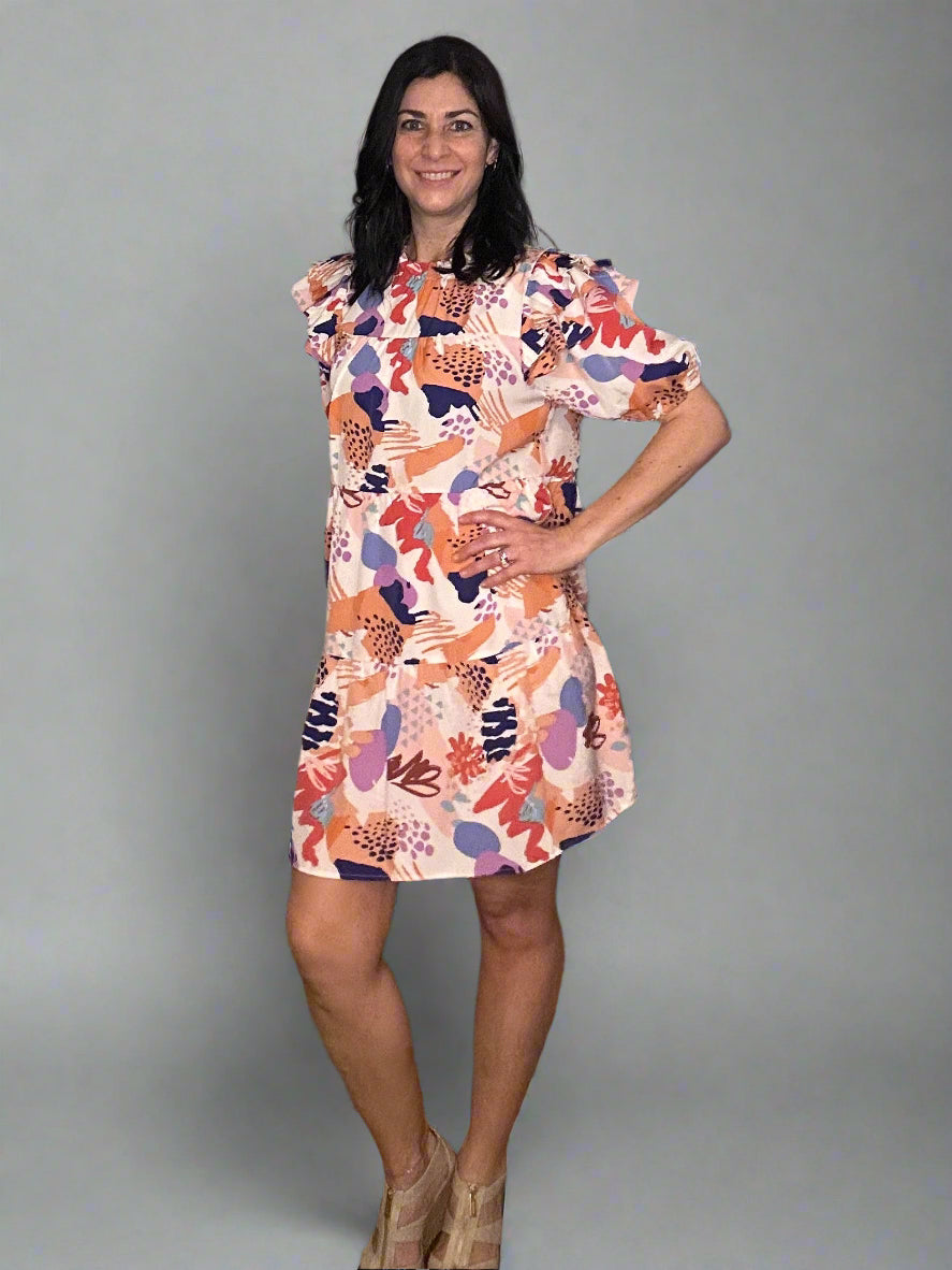 Print ruffle shoulder dress