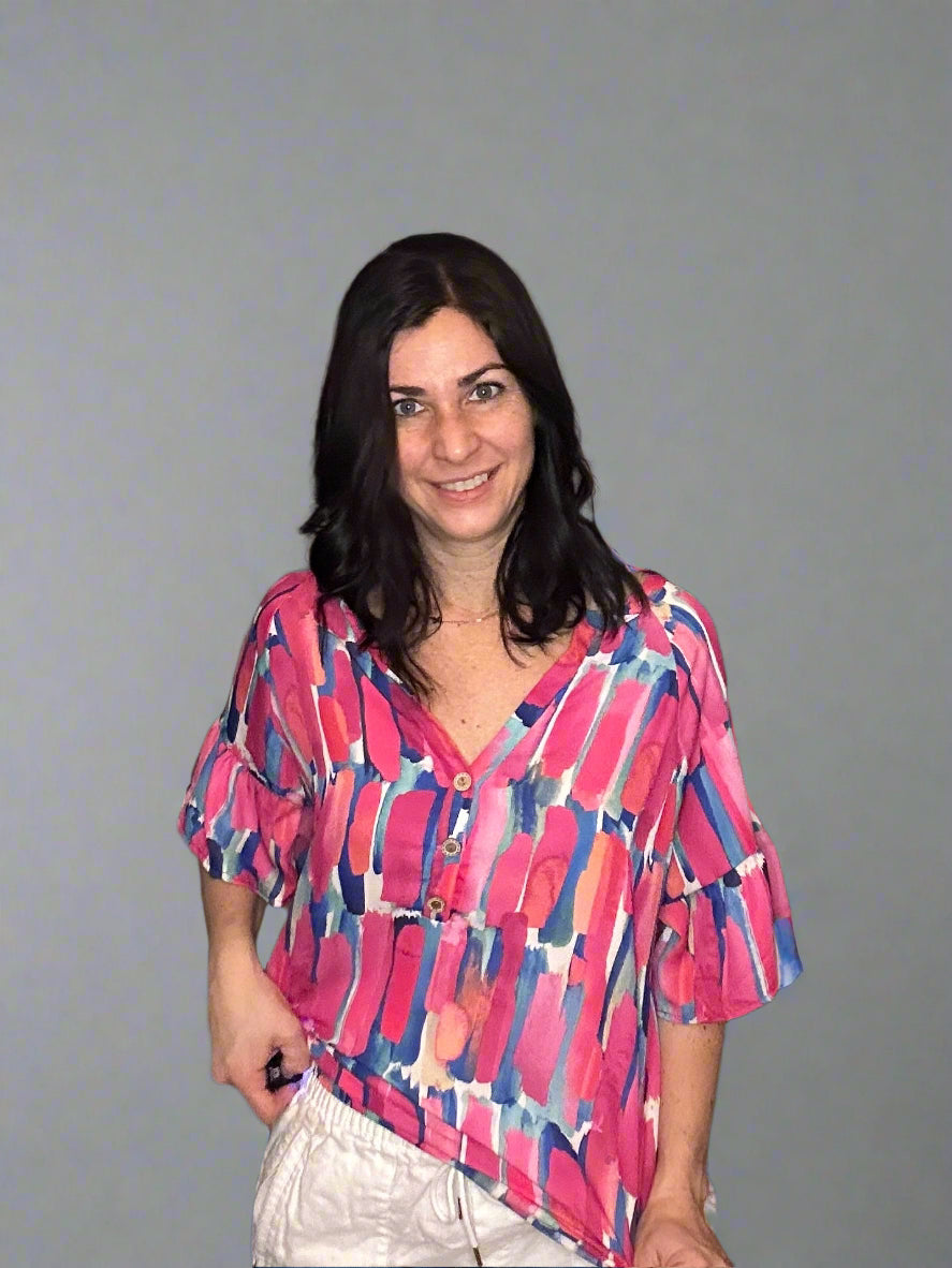 Multi color, paint print button detail, ruffled top