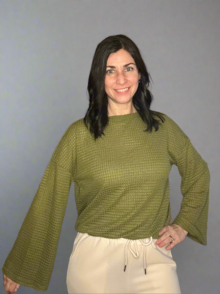 Waffle knit open back bell sleeve top