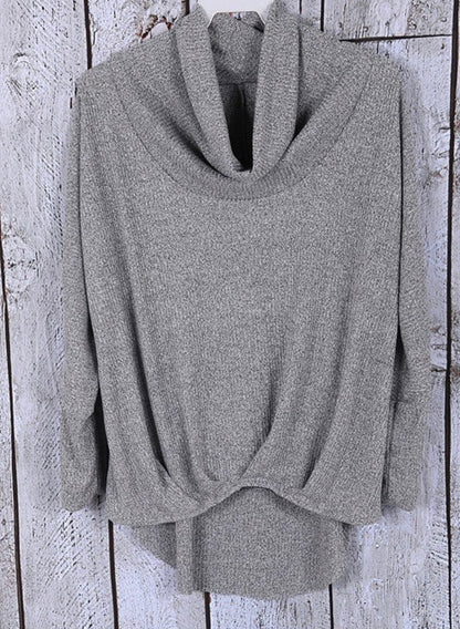 Cowl neck waffle knit top with draping detail in front - gray