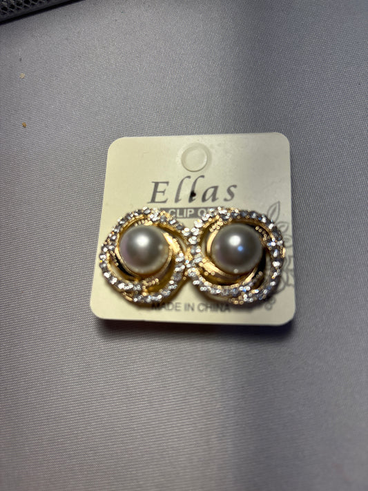 Pearl clip on earrings with gold and rhinestones