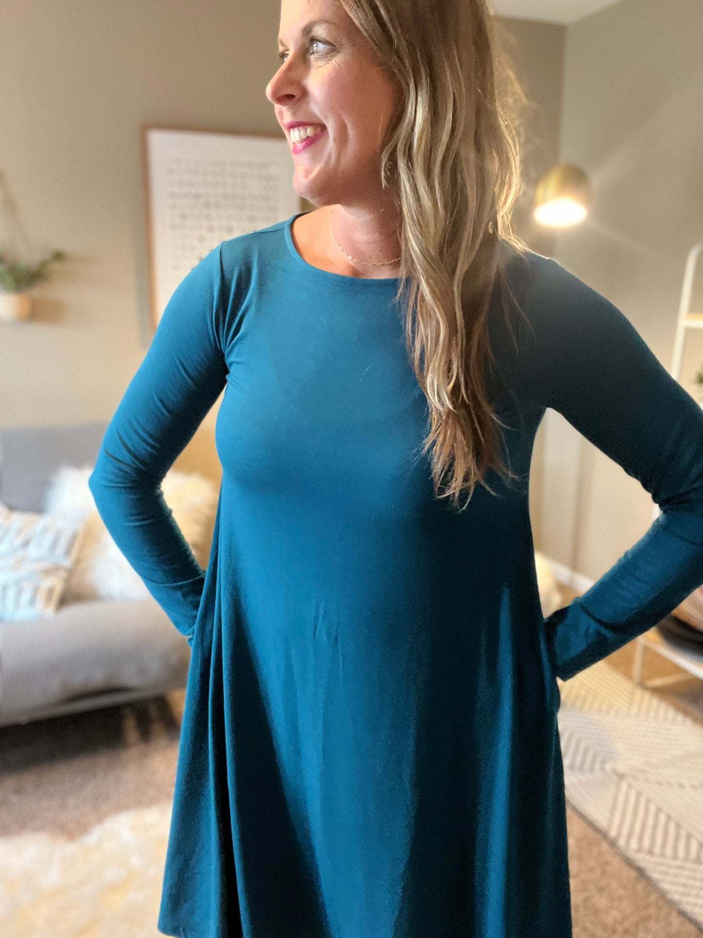 Long sleeve flare, dress with pockets, black/teal