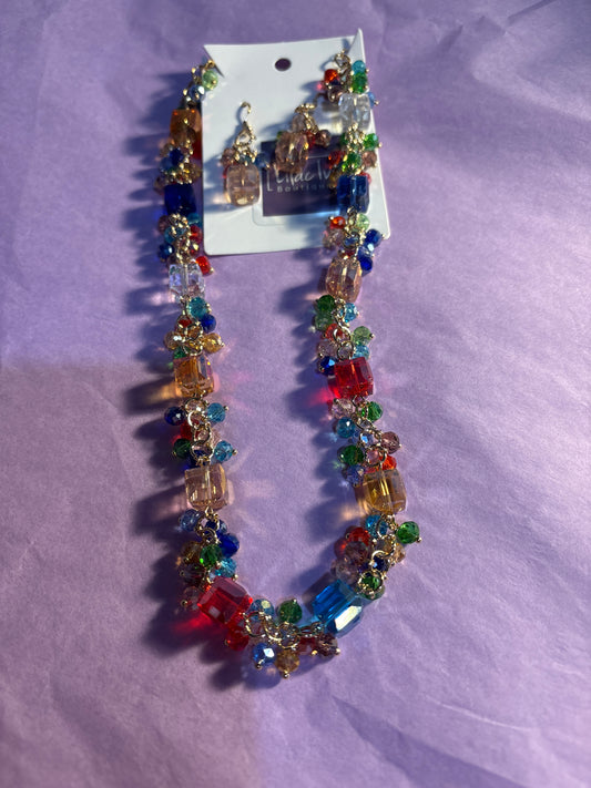 Multicolored crystal necklace and earrings