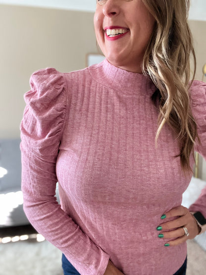 Ribbed mock neck puff long sleeve top