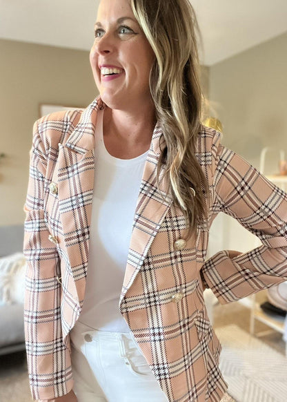 Plaid print blazer with double breast buttons