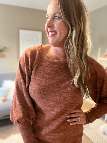 Super soft tunic top with bubble sleeves rust