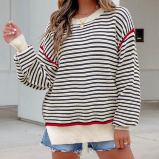 Black stripe ribbed trim sweater