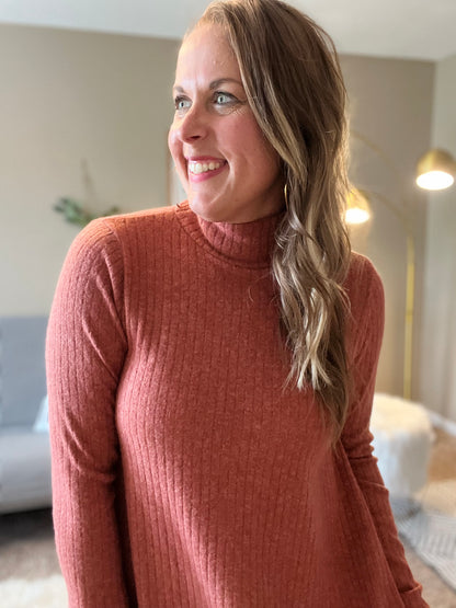 Solid ribbed brushed sweater dress - rust