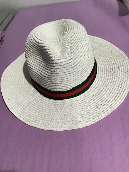 Geo decorated green and red band straw fedora hat