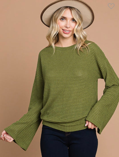 Waffle knit open back bell sleeve top