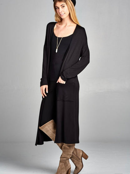 Long french terry duster cardigan - black