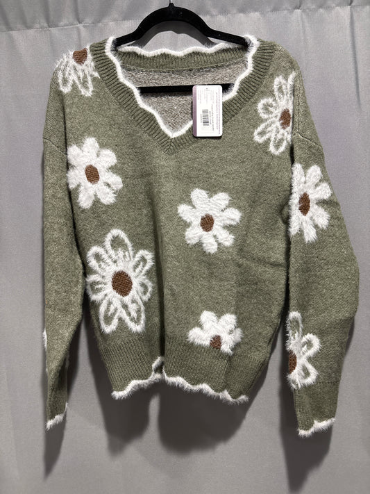 Floral scallop V-neck sweater