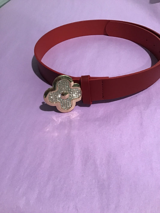 Burgundy belt with stones, studded clover buckle