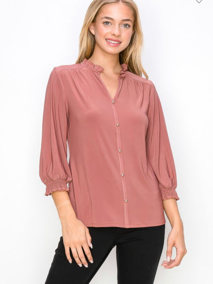 Ruffle neck button front smocked sleeve blouse
