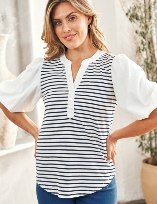 Stripe knit body with white puffed sleeves