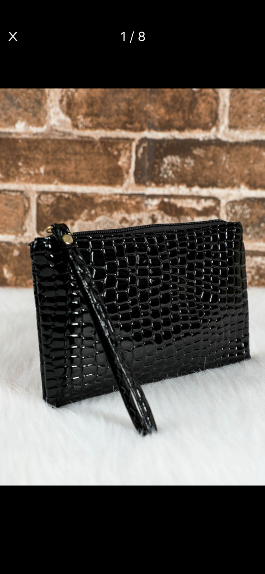 Black crocodile pattern, zipper wristlet, wallet