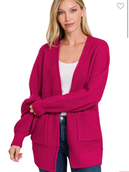 Waffle knit cardigan with front pockets - teal or magenta