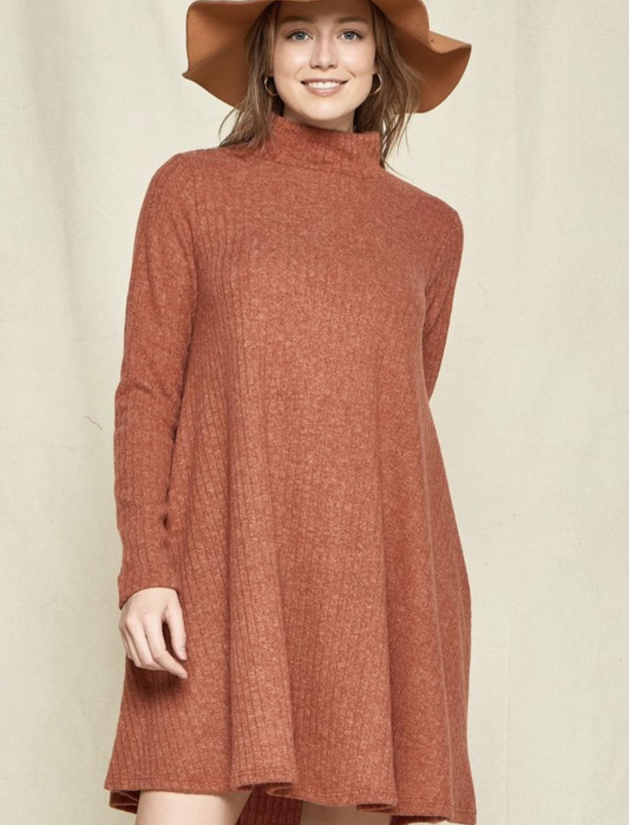 Solid ribbed brushed sweater dress - rust