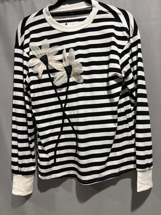 Striped floral appliqué long sleeve top