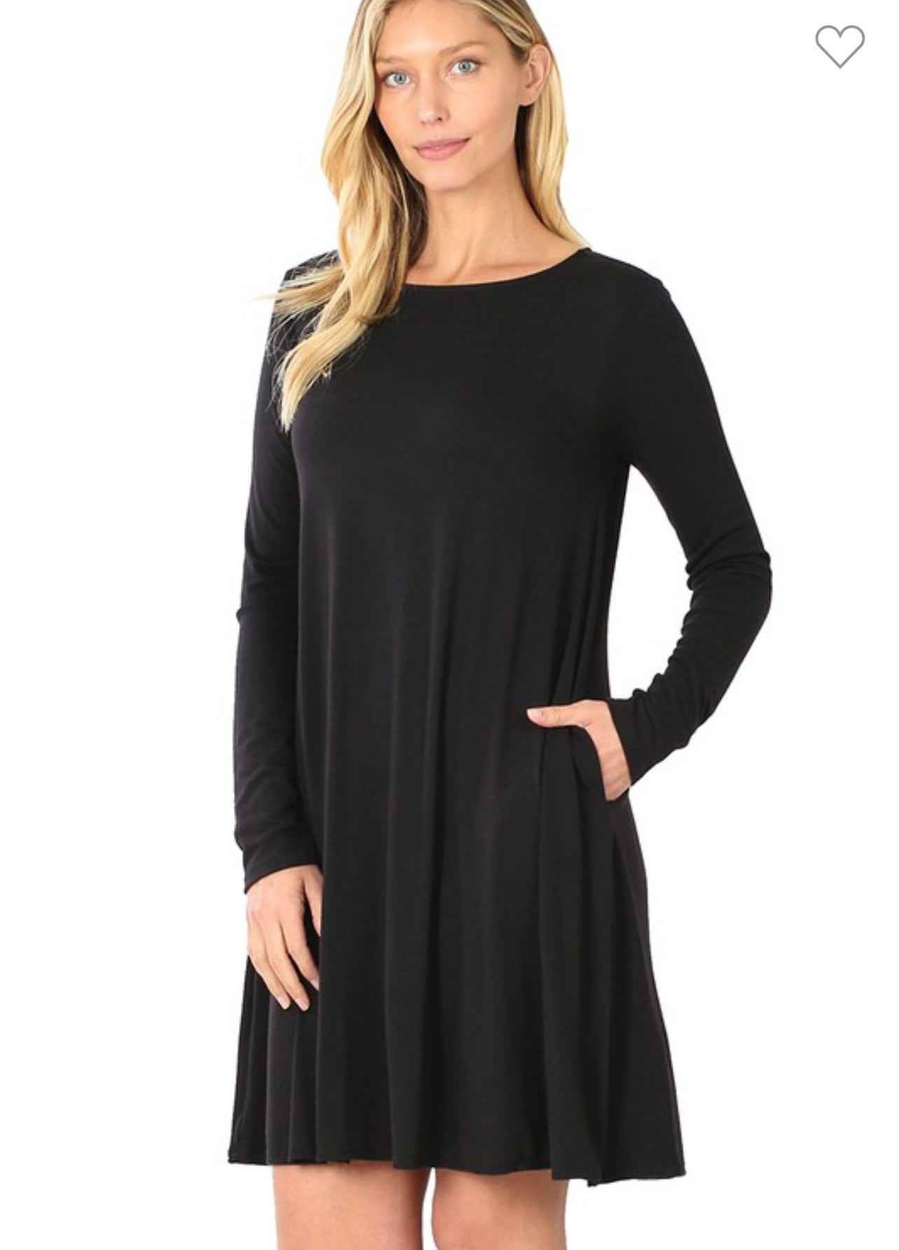 Long sleeve flare, dress with pockets, black/teal