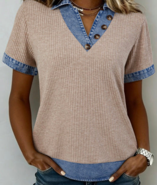 Denim button, detailed collared blouse
