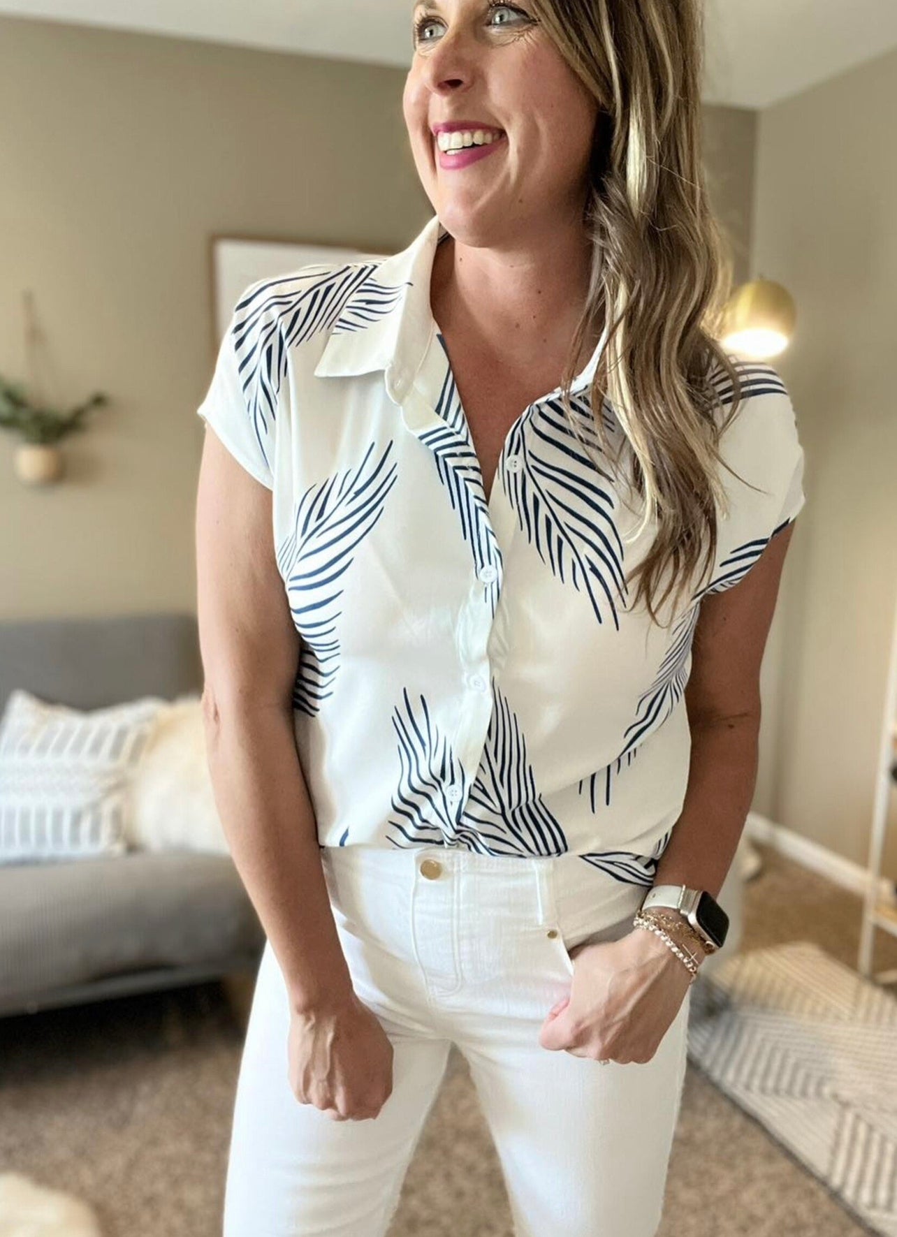 Navy leaf print blouse