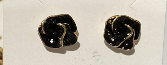Black and gold enamel rose earrings