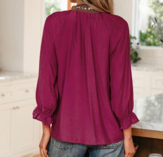 Leopard trim V-neck bracelet sleeve blouse